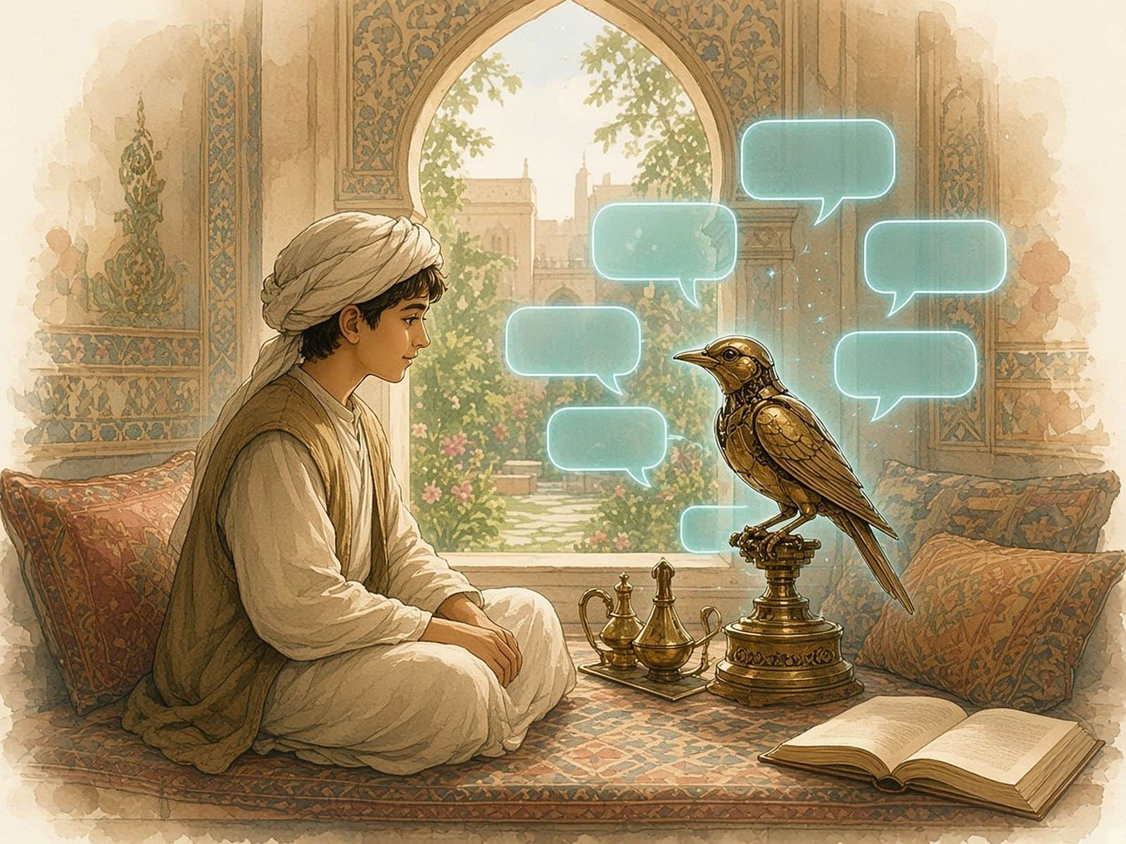 A youth on a window seat converses with a brass songbird automaton amid blank teal speech bubbles.