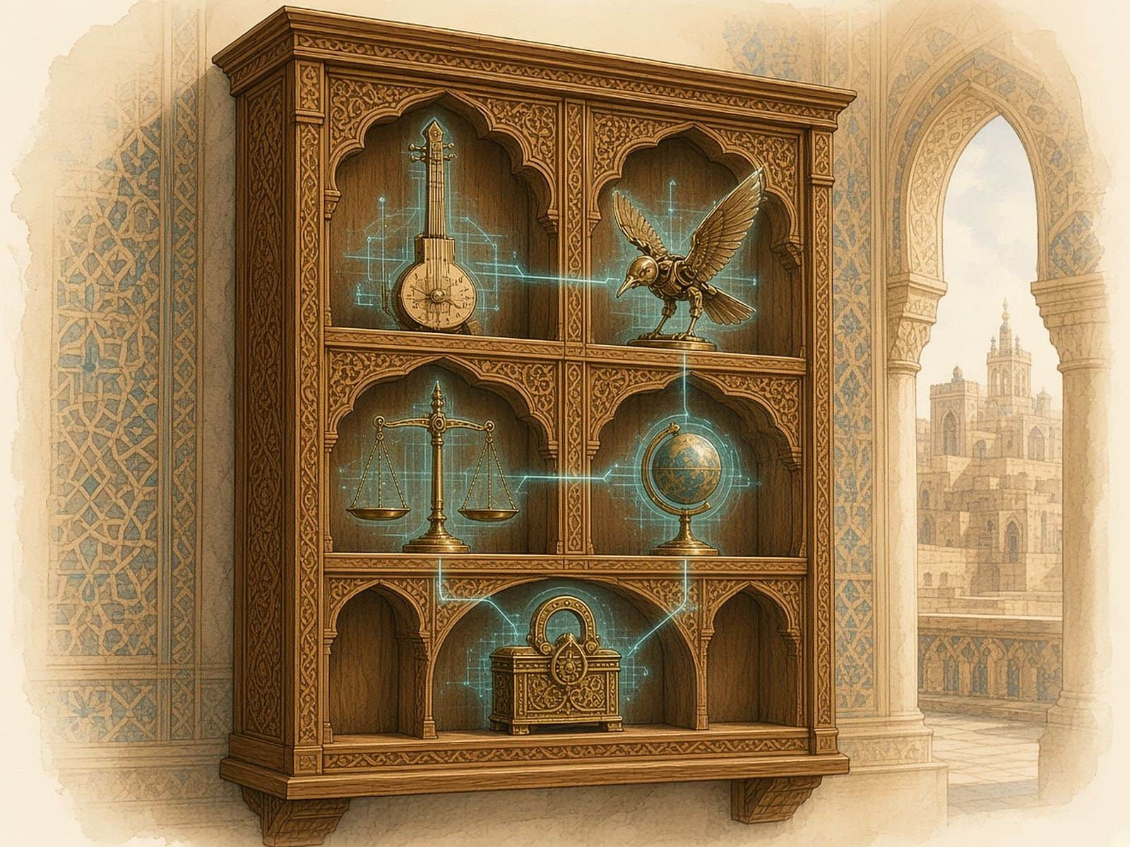 A carved cedar cabinet of finished brass instruments linked by teal lines.