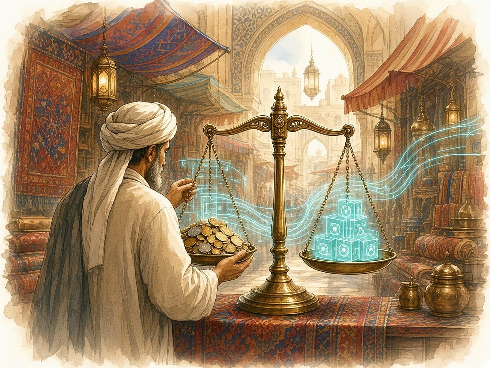 A bazaar money-changer weighs coins against floating teal token cubes.