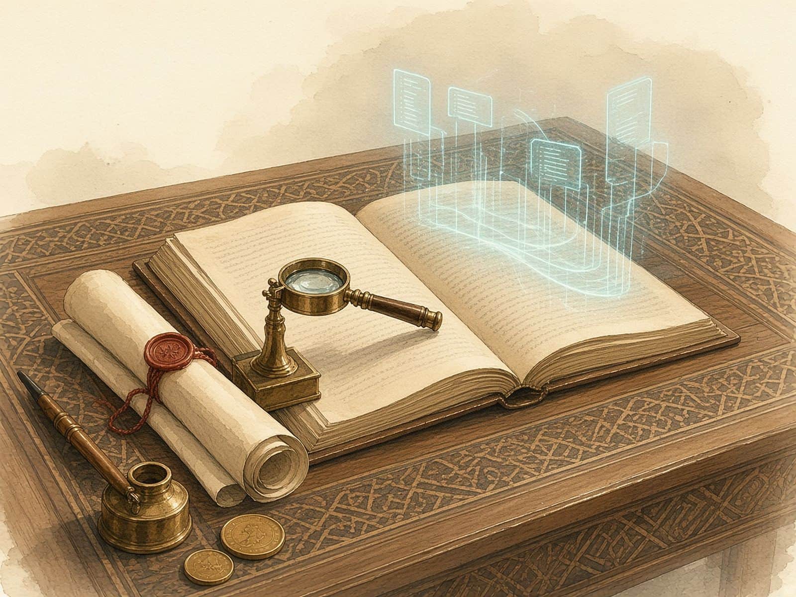 A ledger, brass loupe, sealed scroll and coins beside a teal assessment hologram.