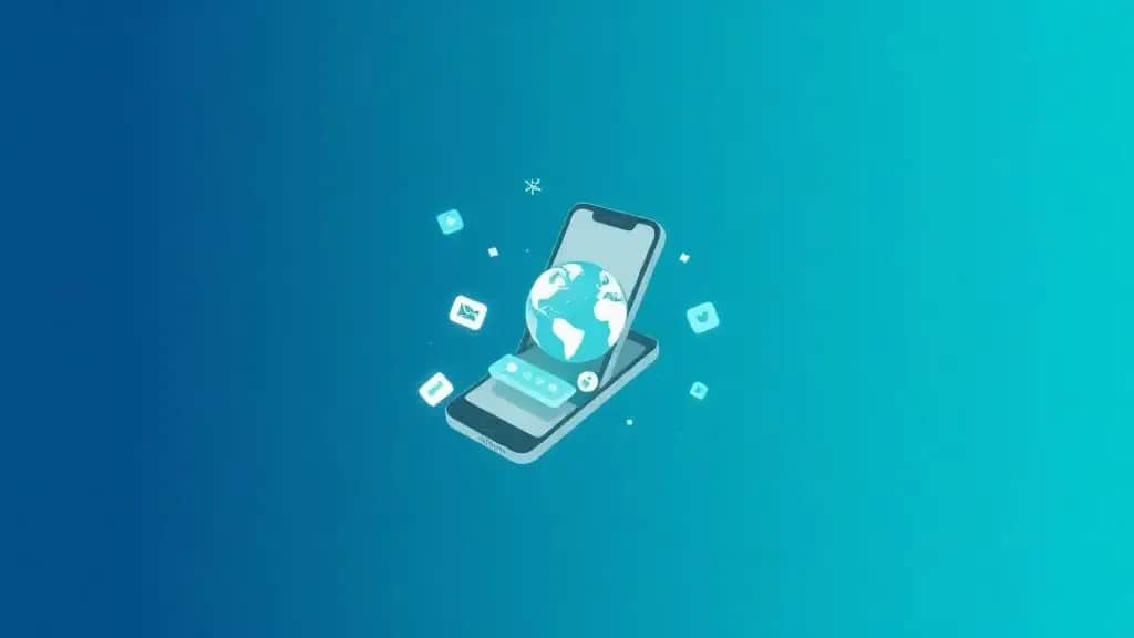 Smartphone with app interface layers expanding outward in geometric design with deep blue, teal, and gray colors