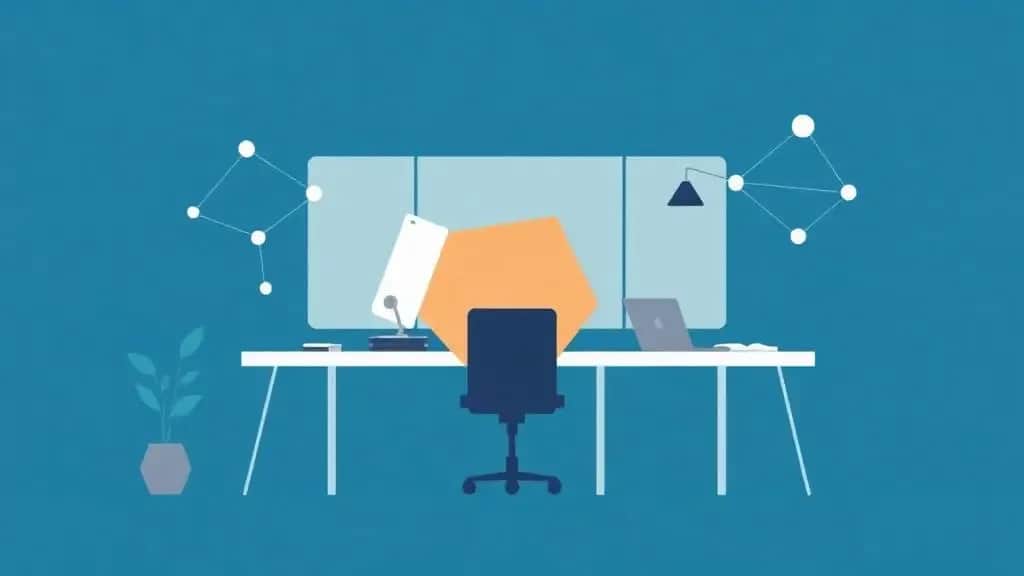 Minimalist tech workspace illustration with interconnected nodes and geometric shapes in deep blue, teal, and gray tones
