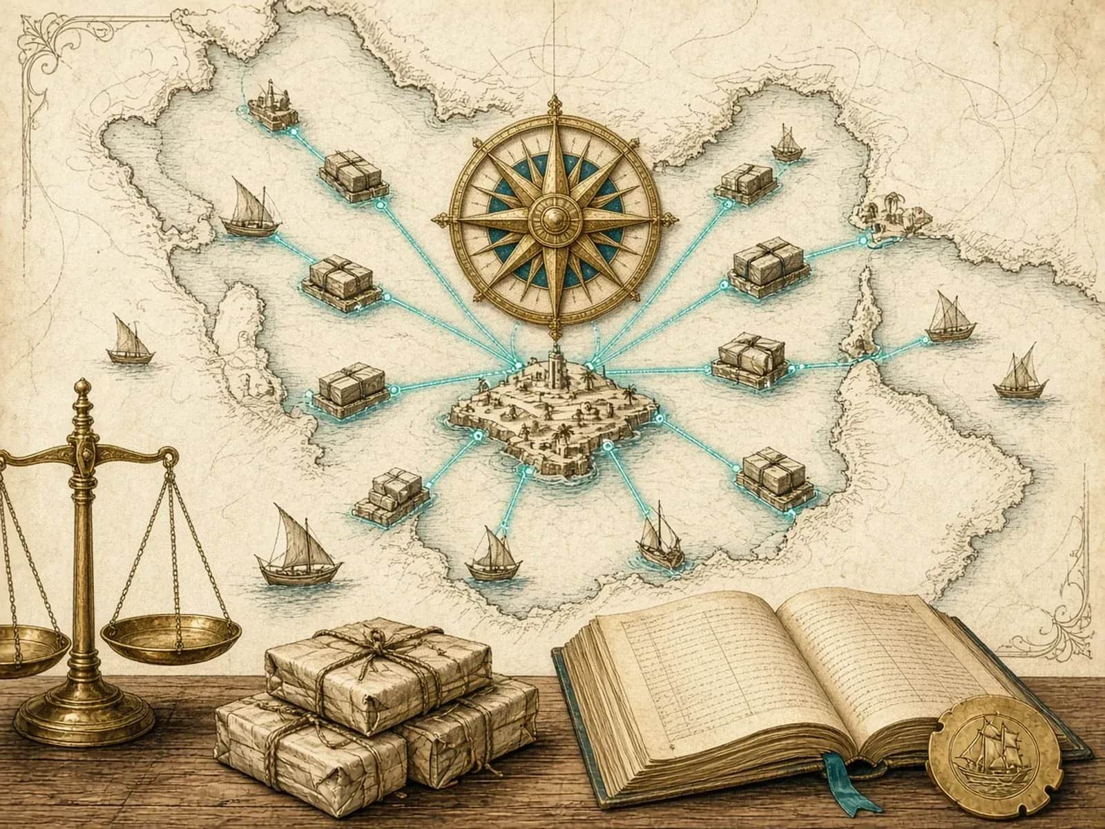An engraved sea chart of the Gulf with a brass compass rose, teal trade routes and parcels radiating from an island harbour.