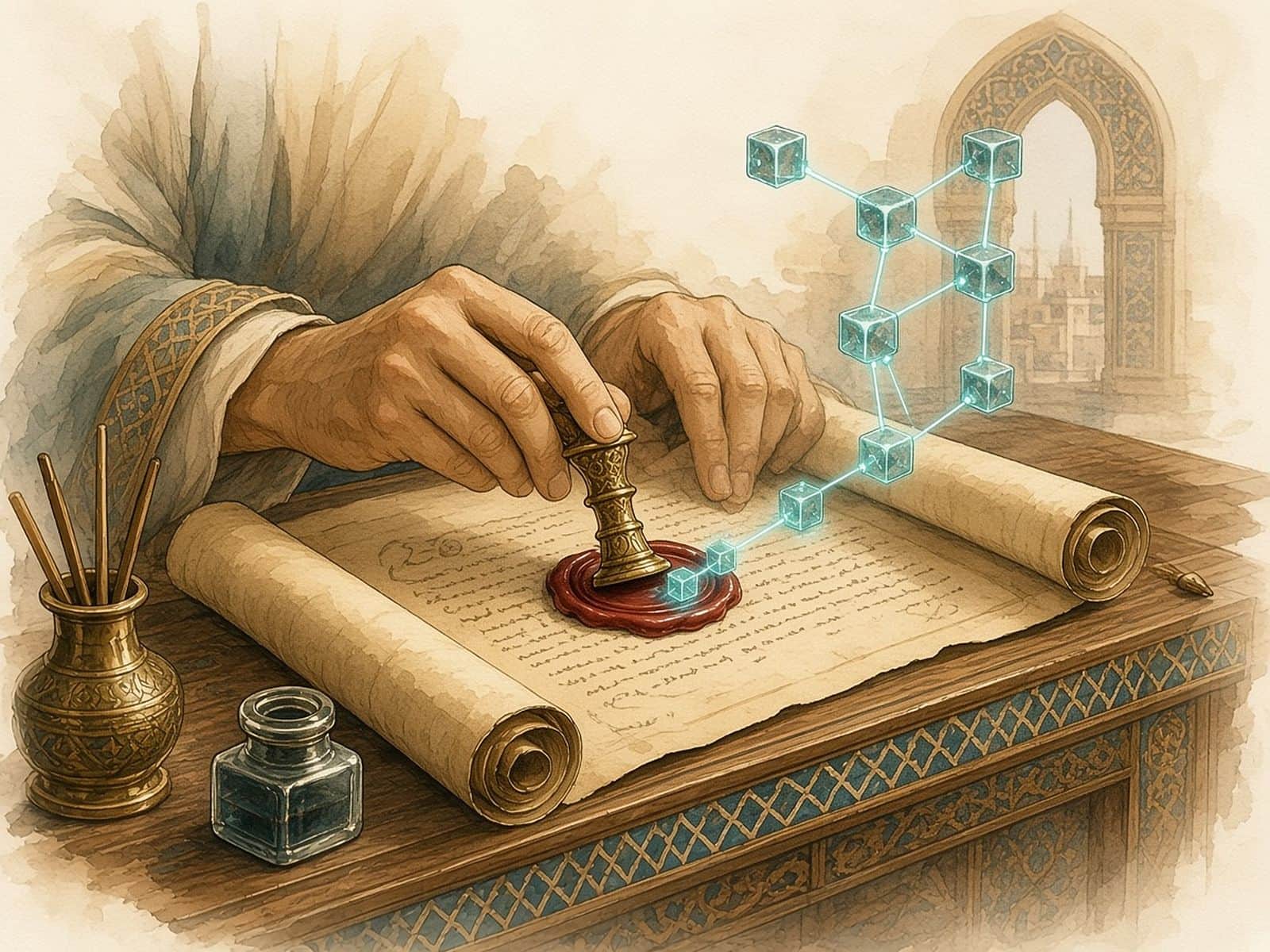 A scribe's hands press a wax seal onto a scroll as a chain of teal blocks rises from it.