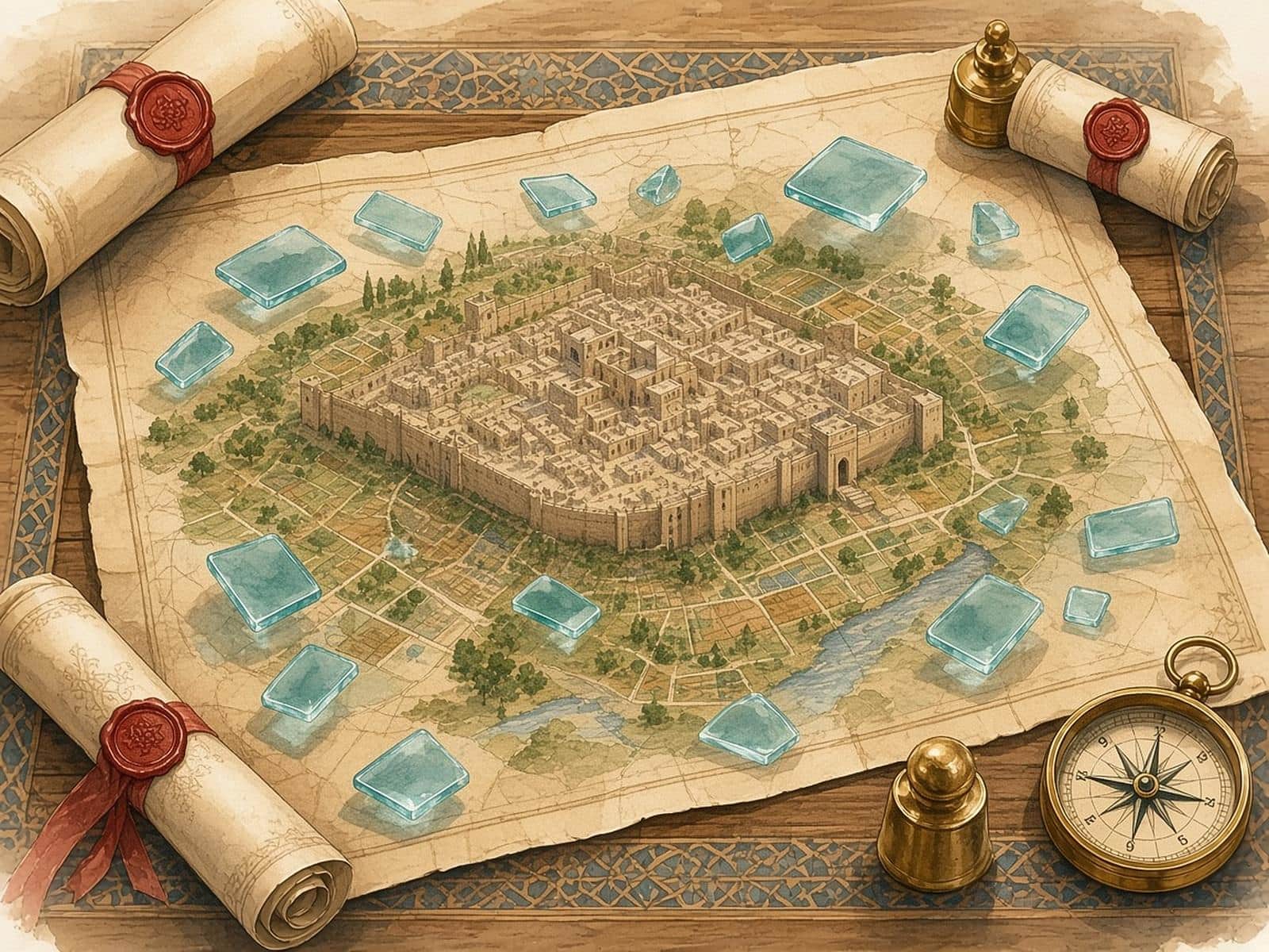 City plots on a parchment map lift off as teal glass tiles beside deeds and wax seals.