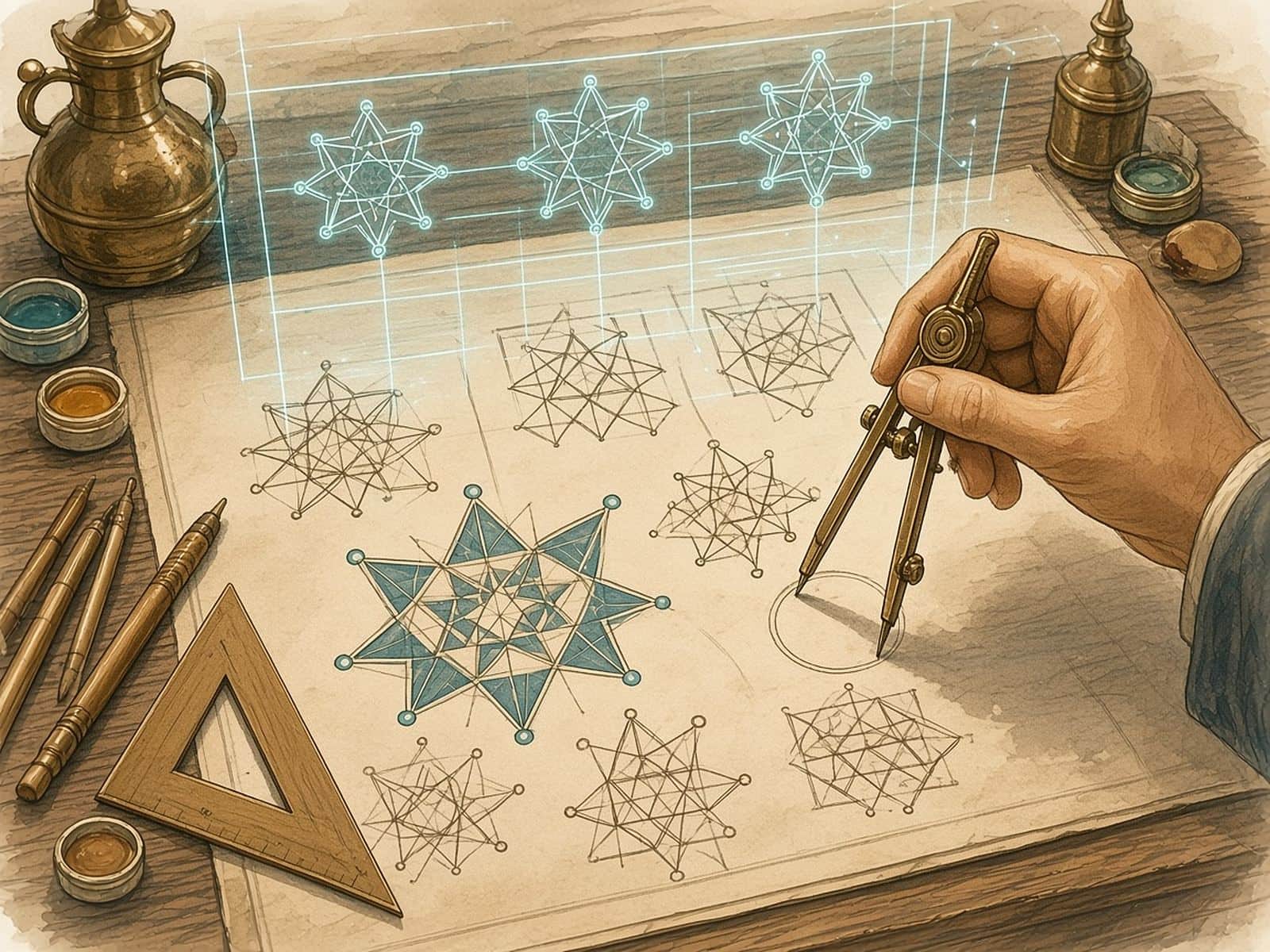 A hand with a brass compass drafts girih star patterns beneath a floating teal grid.