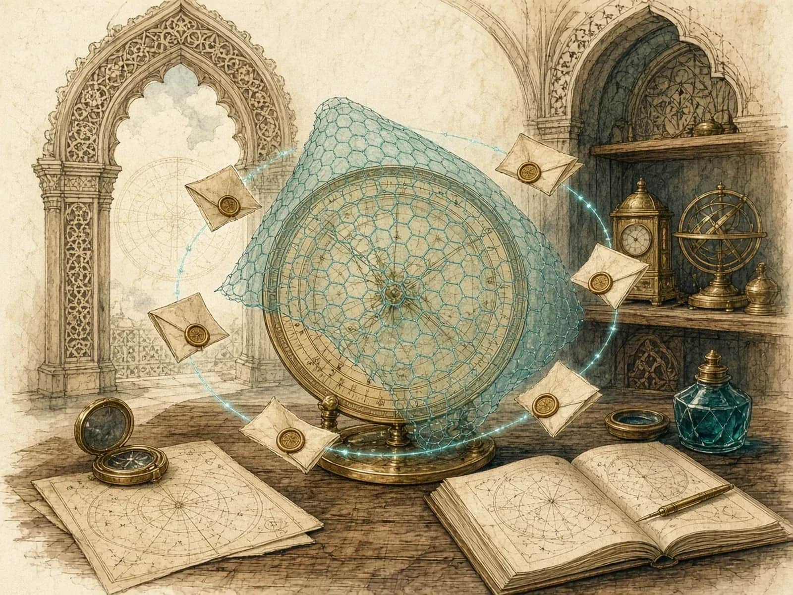 An engraved brass astrolabe behind a translucent teal veil, with sealed notes orbiting it like hidden ledger entries.