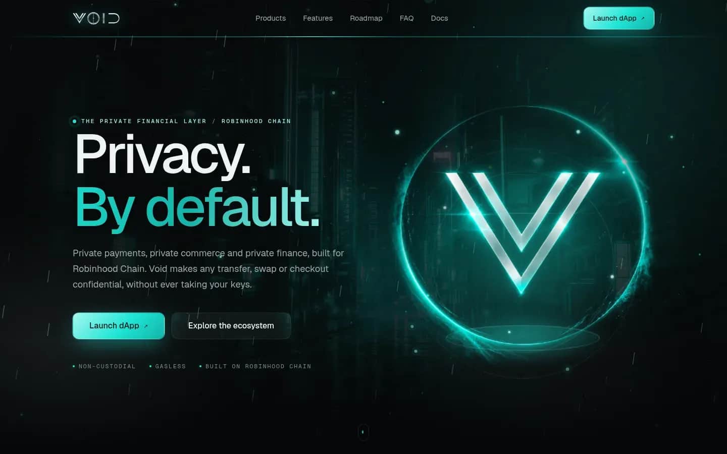 The void-protocol.com homepage: 'Privacy. By default.' beside the glowing Void emblem.