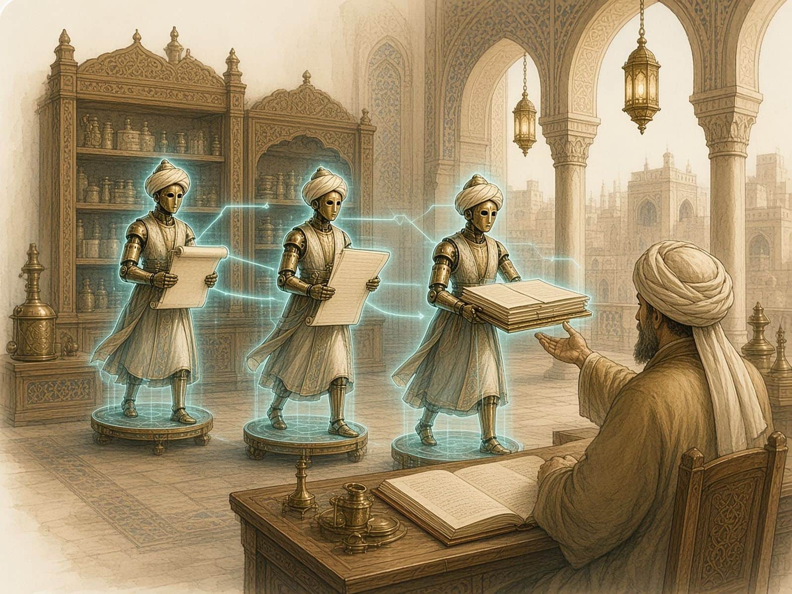 Three brass automaton servants on wheeled platforms carry scrolls and a ledger to a scholar.