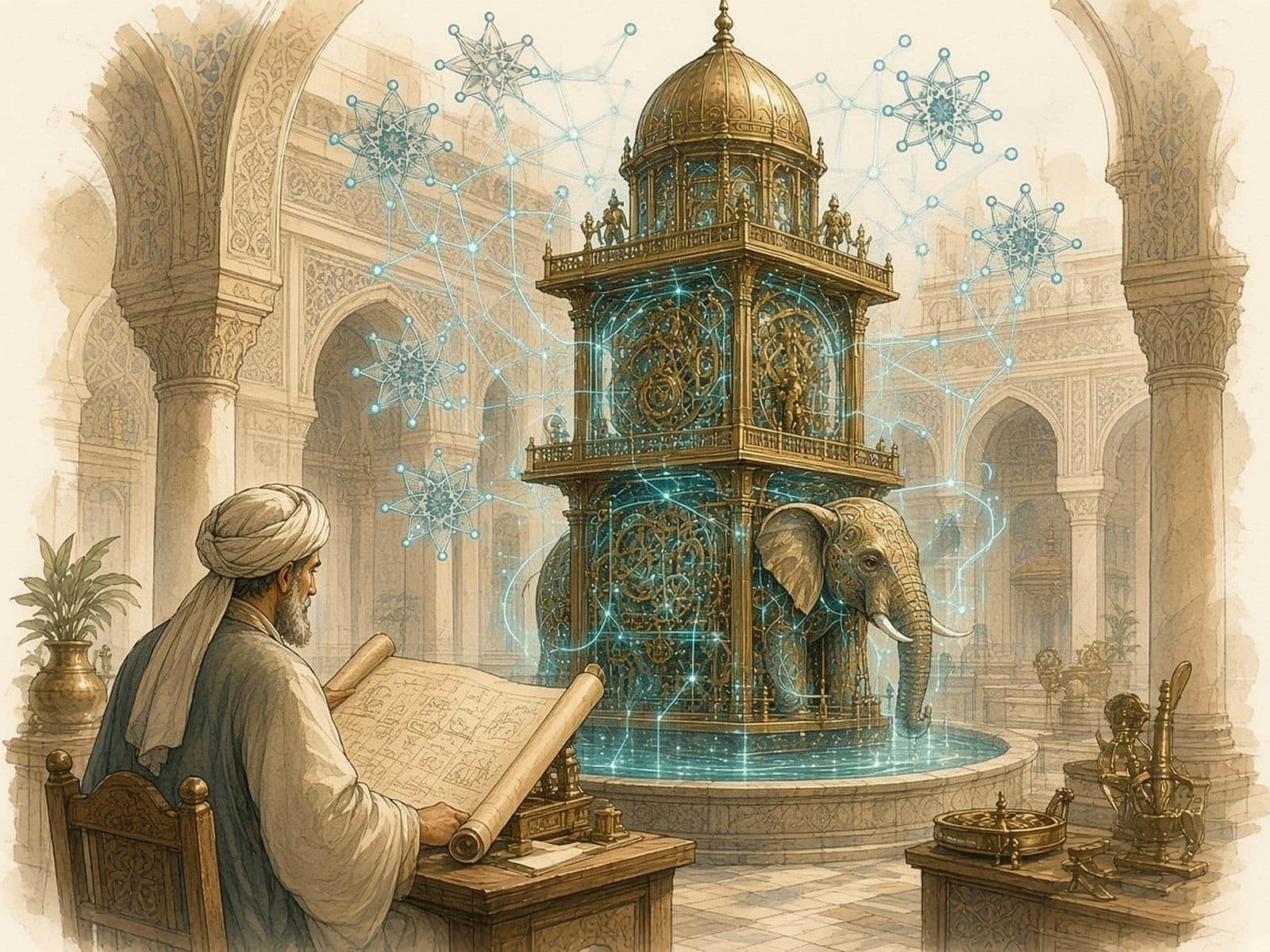 An elephant water clock automaton threaded with teal neural lines as a scholar studies a scroll.