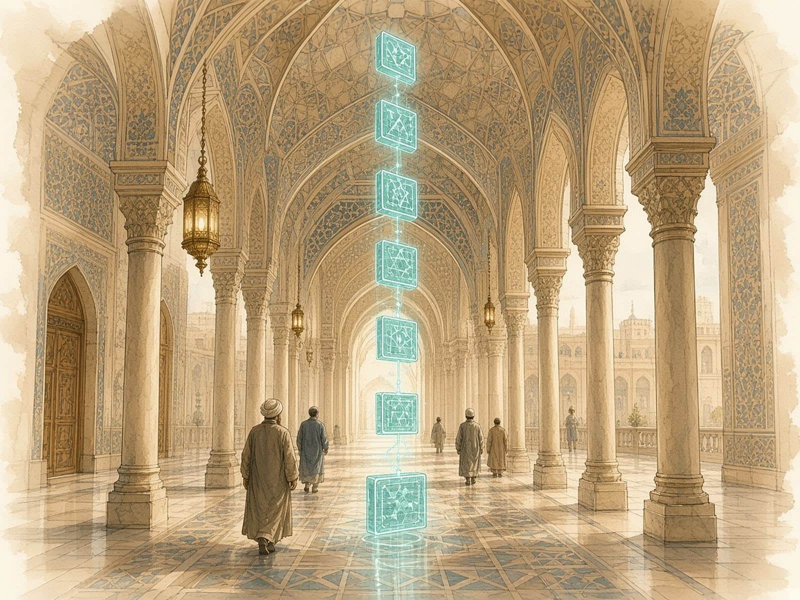 A vaulted tiled hall where scholars watch a vertical chain of teal blocks rise toward the dome.