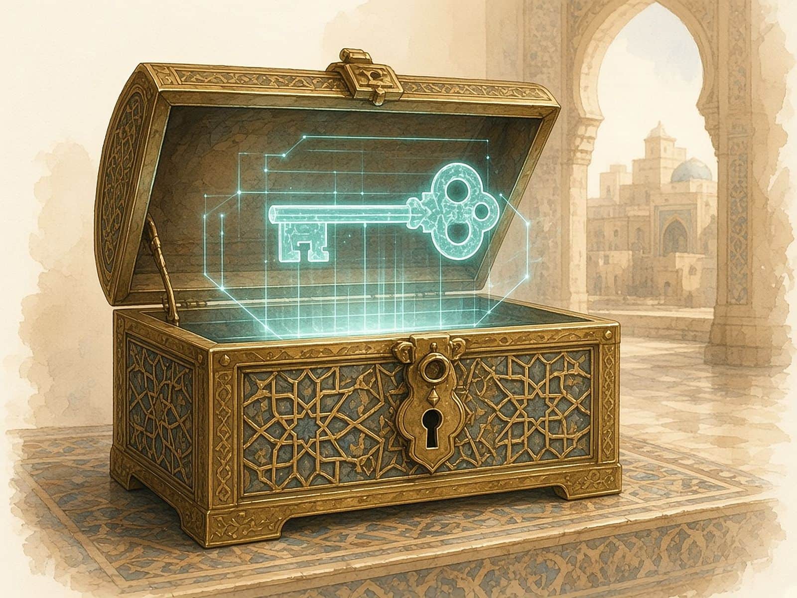An engraved brass lockbox opens to reveal a glowing teal holographic key.