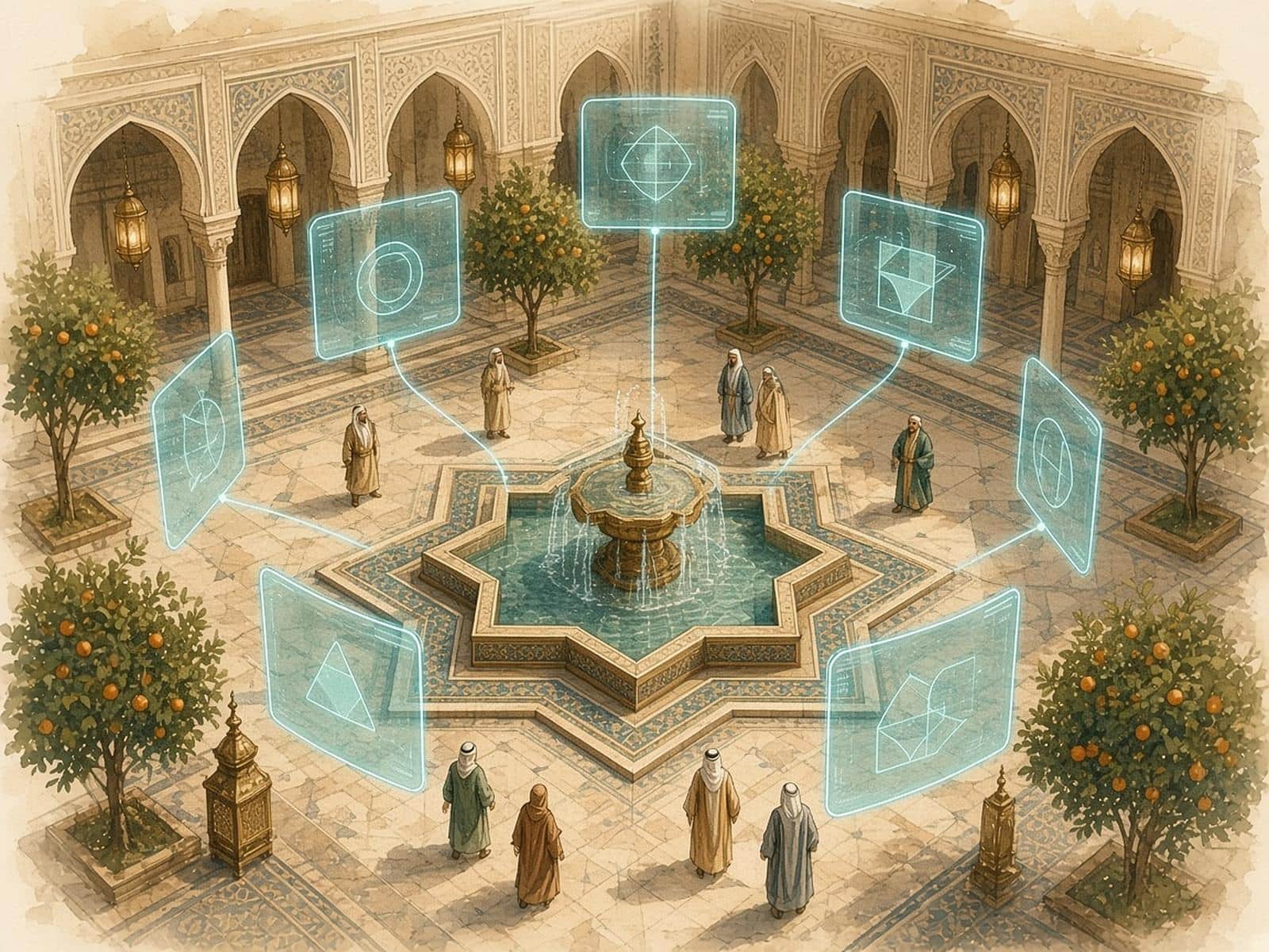 Floating teal app panels hover above a courtyard with a star-shaped fountain.