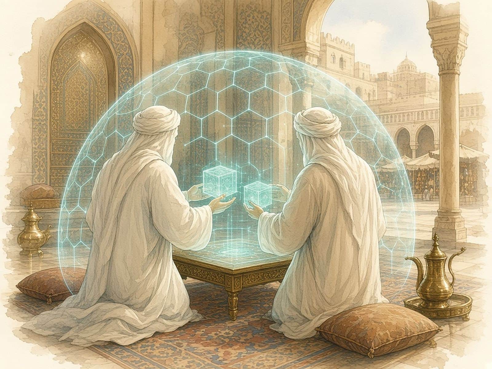 Two merchants exchange teal cubes inside a translucent hexagonal privacy dome.