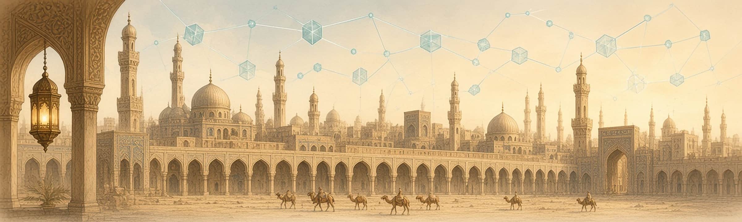 A golden-age skyline with a camel caravan beneath a teal constellation of linked blocks.