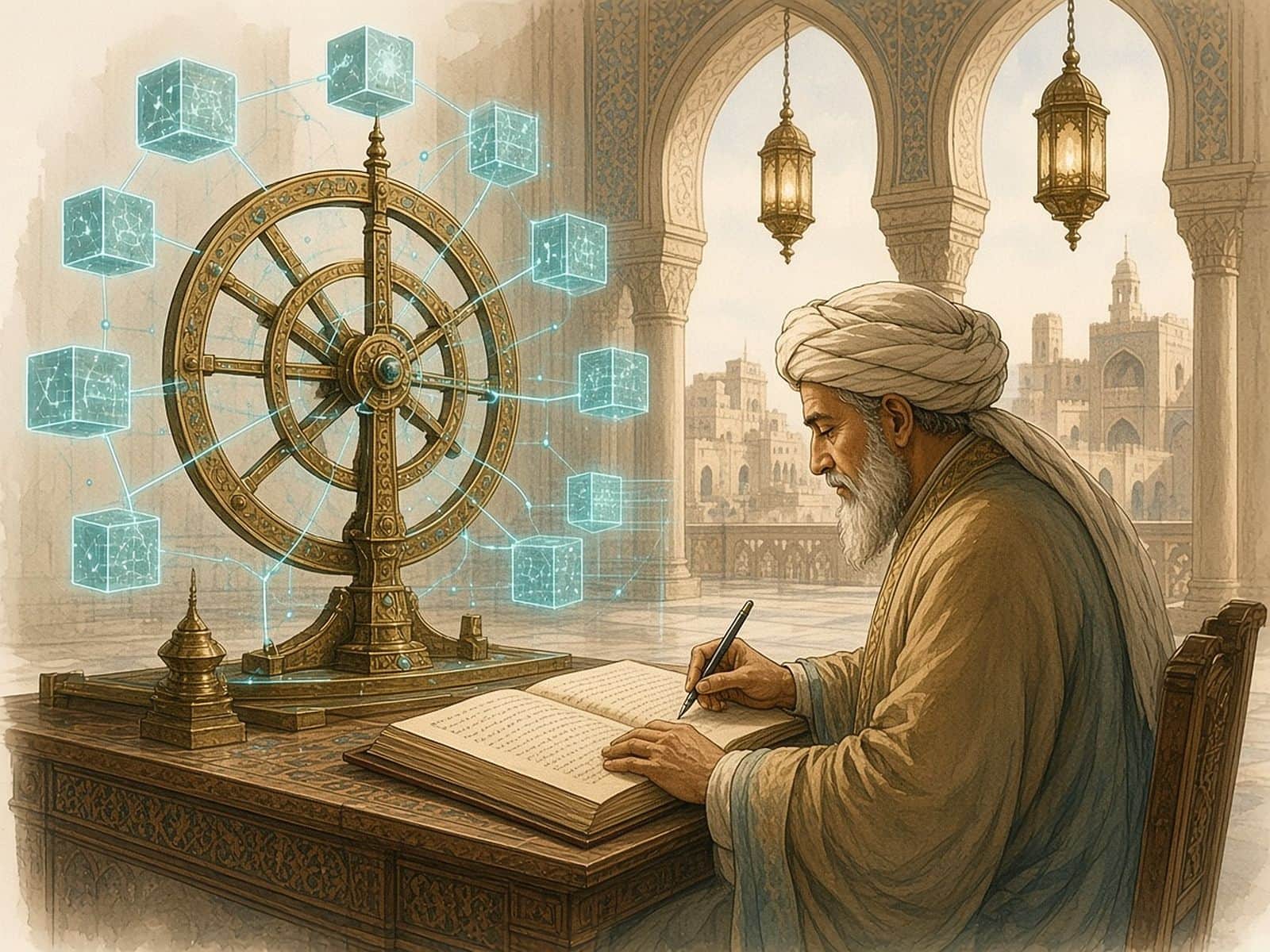 A scholar in profile writes in a ledger beside a brass astrolabe, a teal block network rising over arches and the city.