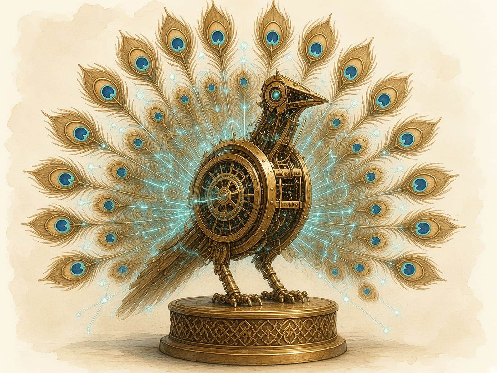 A brass peacock automaton traced with glowing teal neural lines.