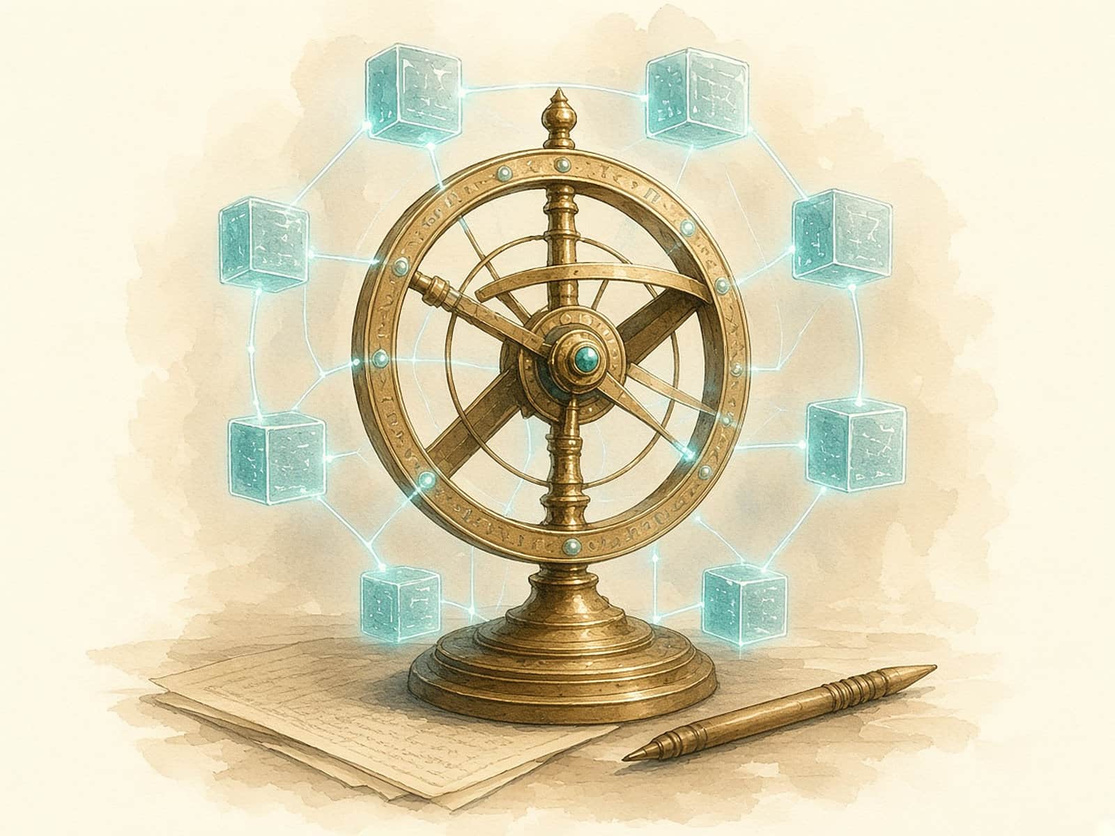 A brass astrolabe ringed by floating teal ledger blocks.