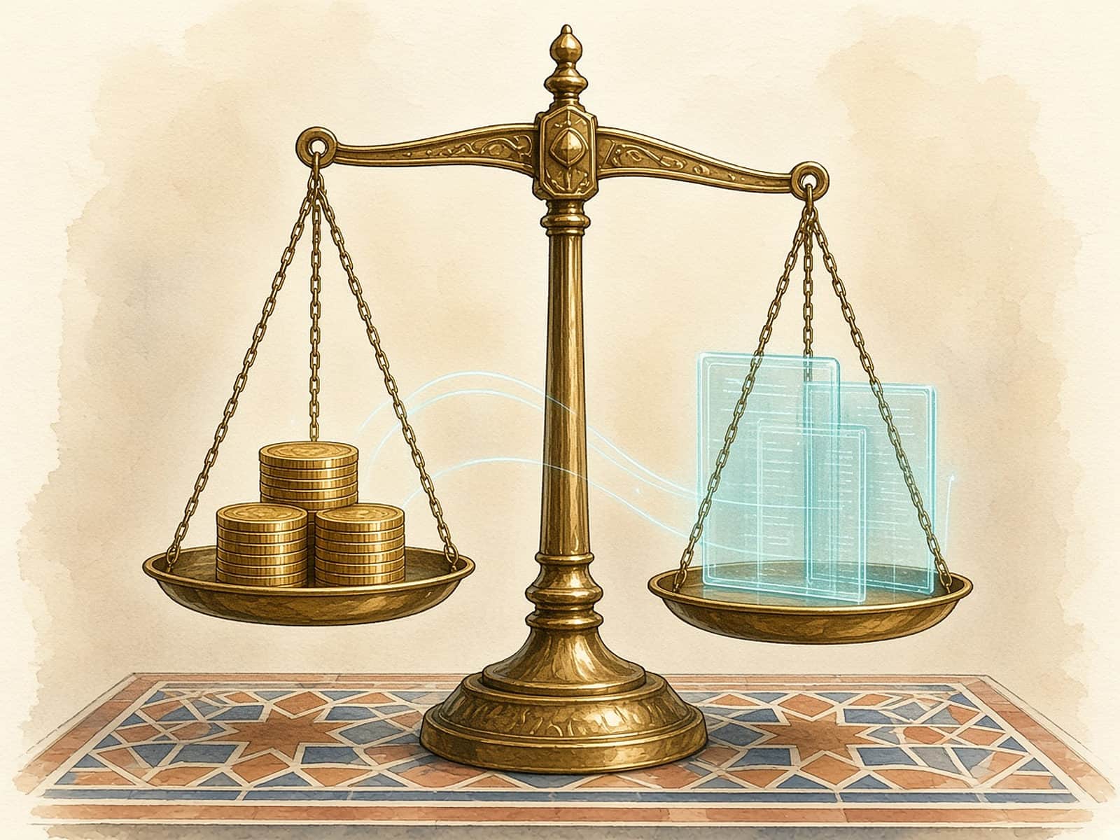 Brass merchant scales with gold coins before translucent teal ledger panes.