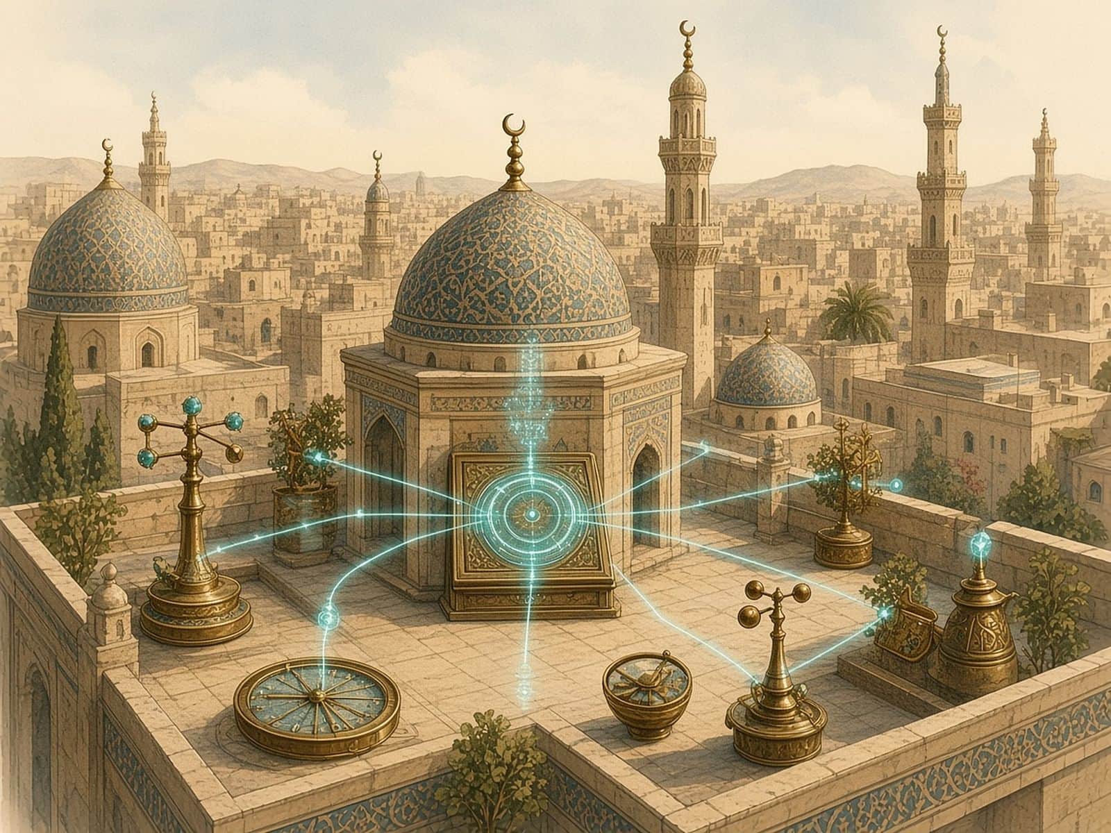 Brass rooftop instruments linked by teal arcs to a domed observatory console.