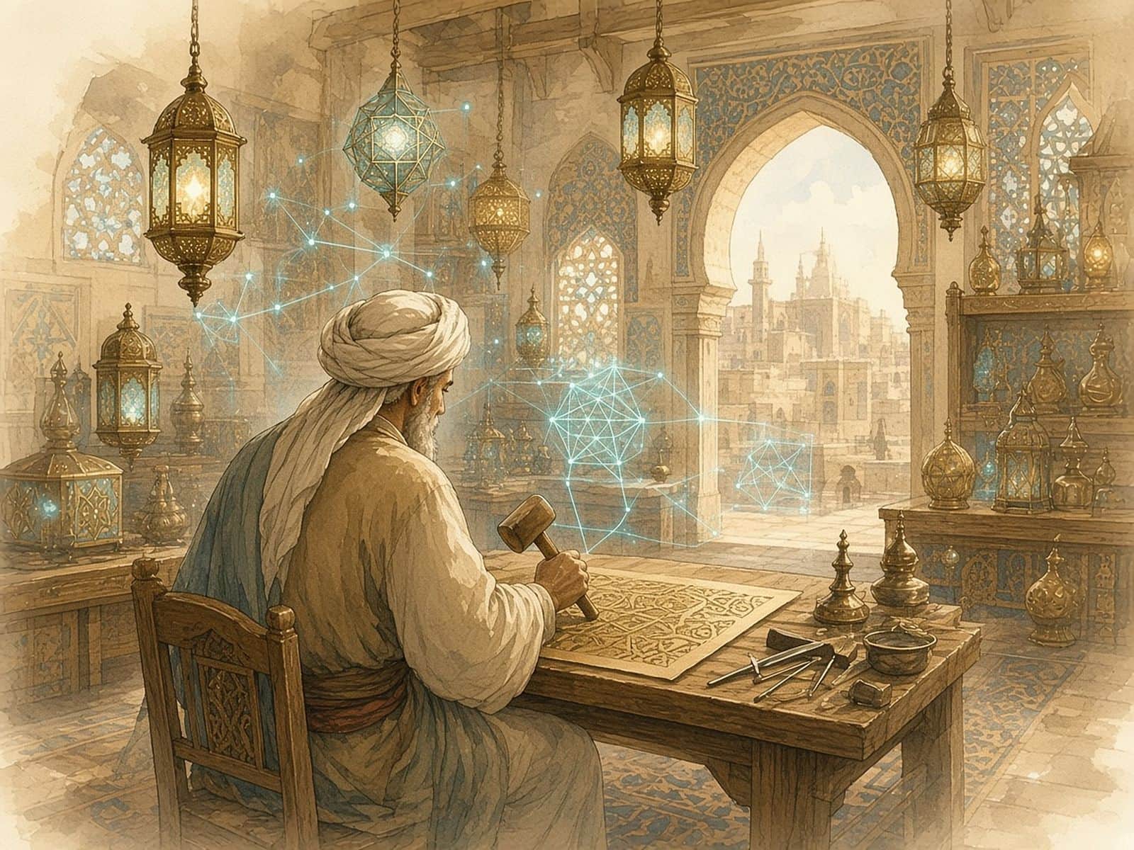 A lantern-maker's workshop casting teal geometric light across the walls.