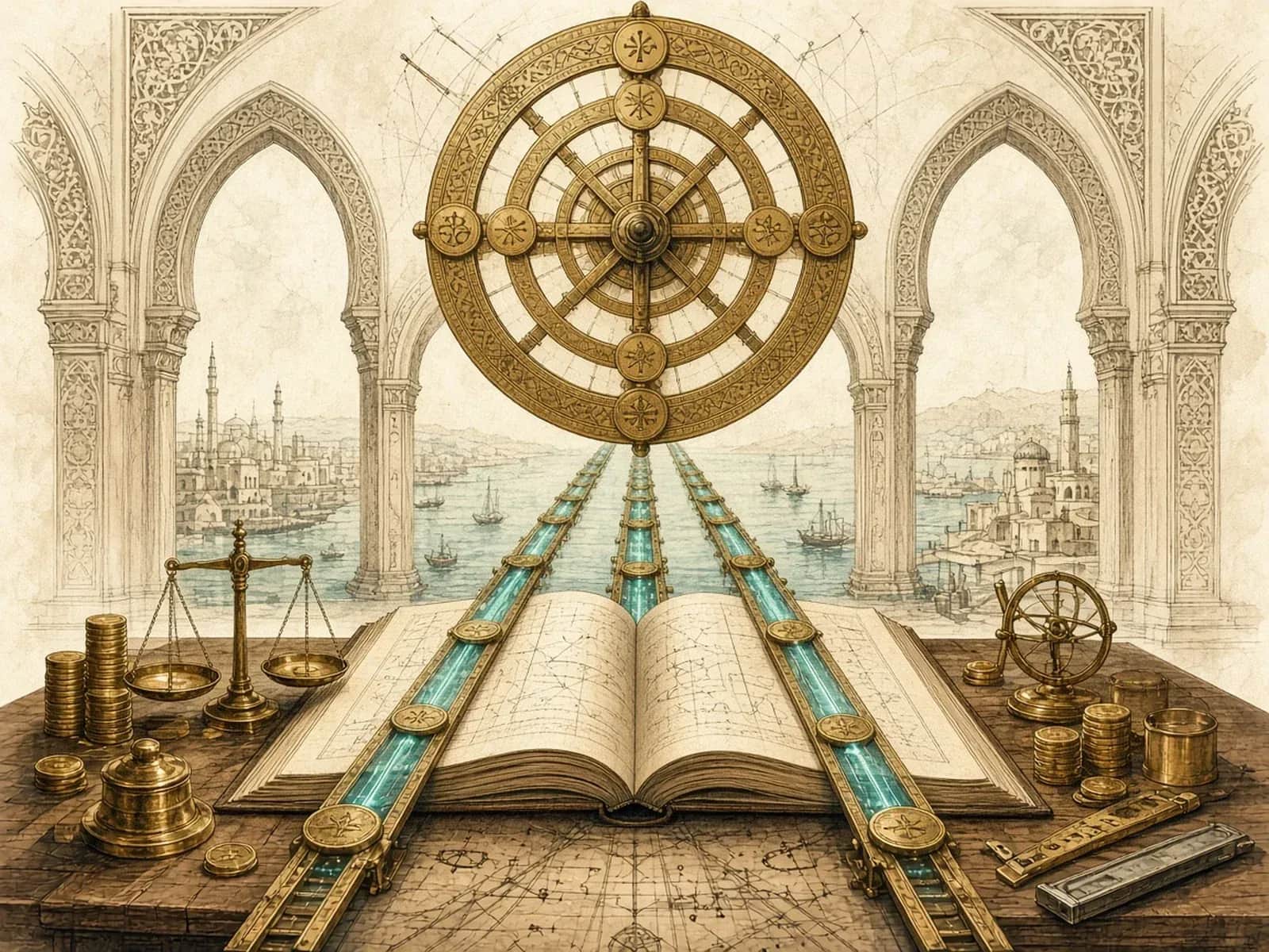 A brass currency astrolabe above an open ledger, with teal-lit rails running out through carved arches to distant harbours.