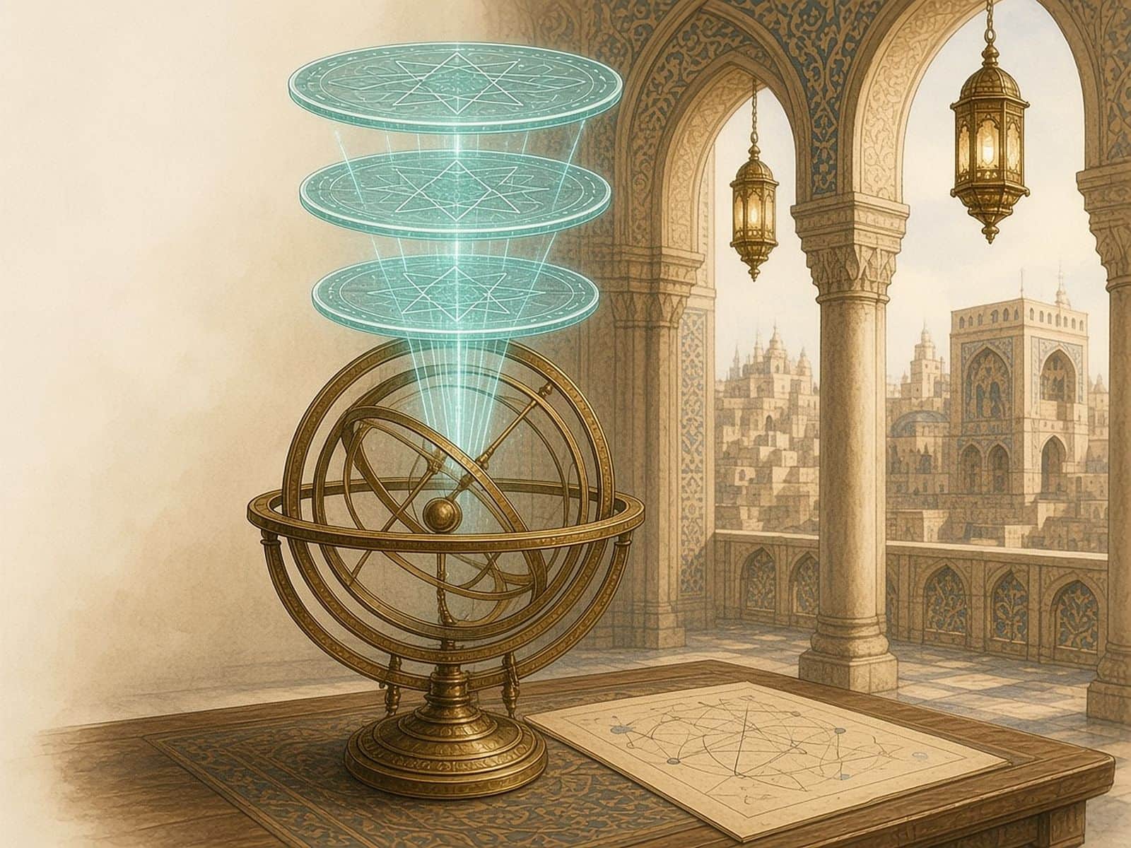 A brass armillary sphere above three stacked teal proof discs in an observatory loggia.