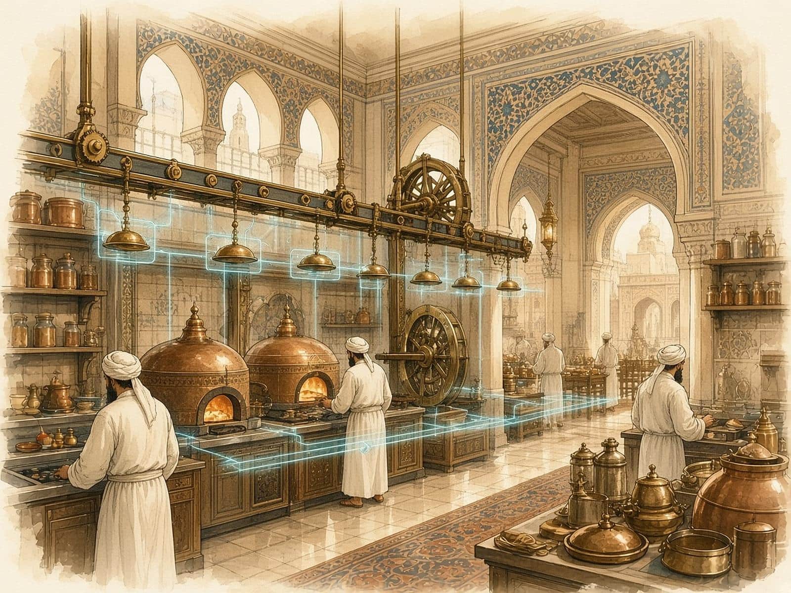 A palace kitchen where a geared brass rail carries dishes along teal order lines.