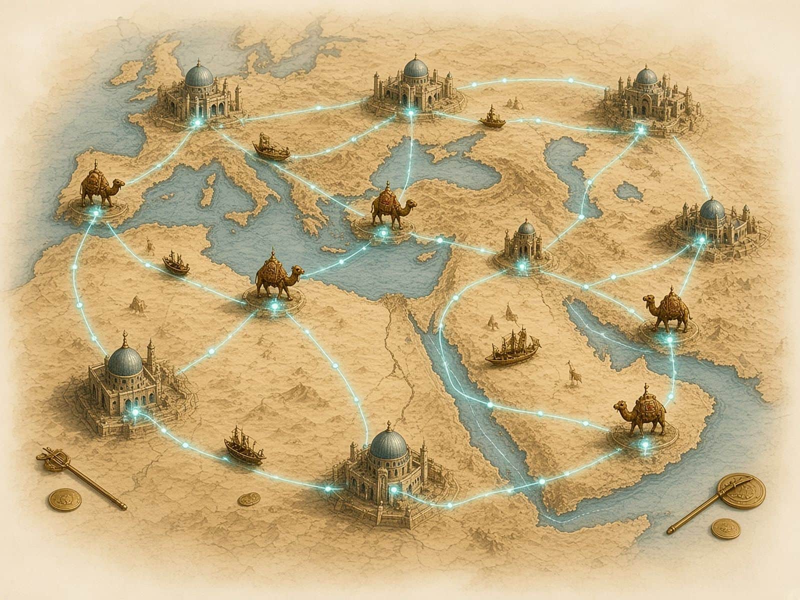 A trade-route map traced with glowing teal paths and brass caravan and ship figurines.