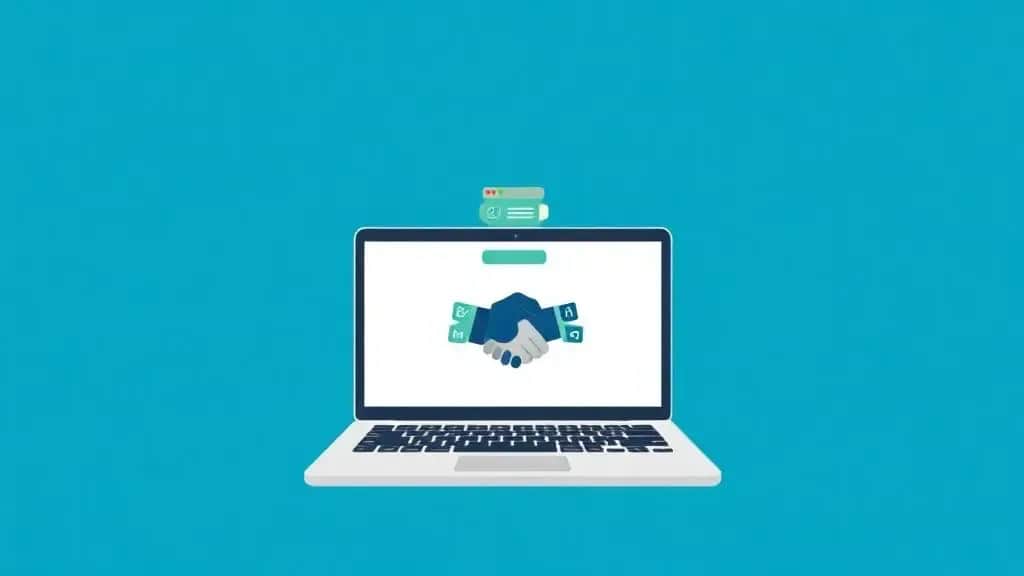 Laptop screen displaying stacked technology icons including code brackets on a minimal flat illustration with deep blue