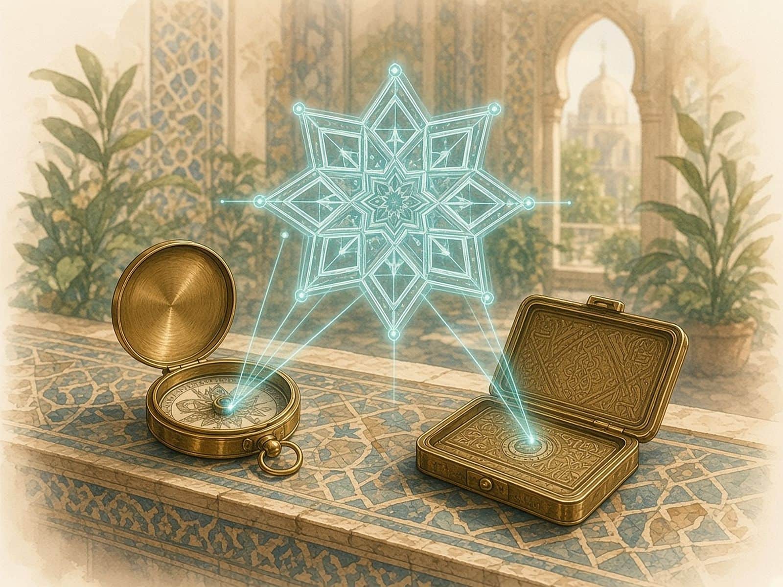 A pocket compass and a brass tablet case share one teal star hologram.