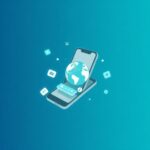 Smartphone with app interface layers expanding outward in geometric design with deep blue, teal, and gray colors