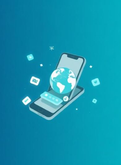 Smartphone with app interface layers expanding outward in geometric design with deep blue, teal, and gray colors
