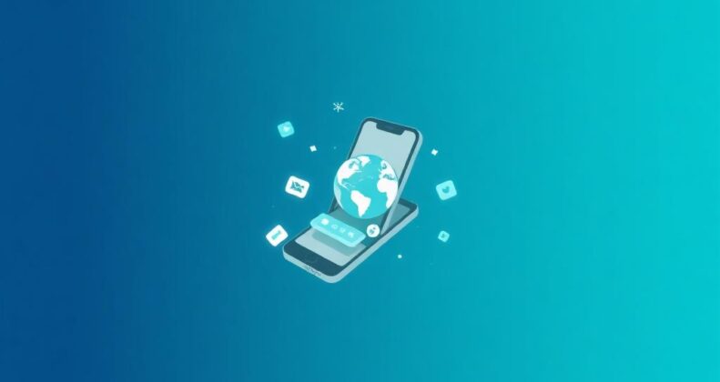 Smartphone with app interface layers expanding outward in geometric design with deep blue, teal, and gray colors