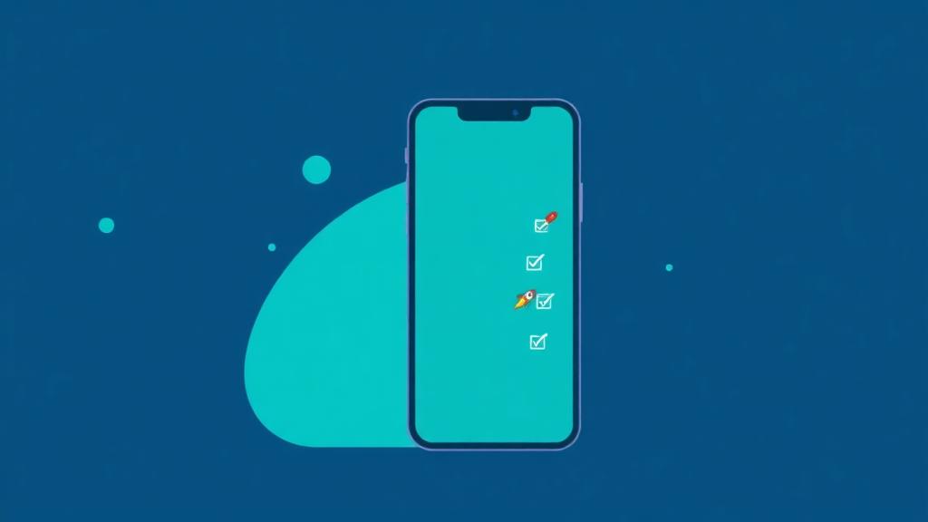 Minimal flat illustration of a mobile phone screen displaying a completed checklist with deep blue, teal, and gray geome