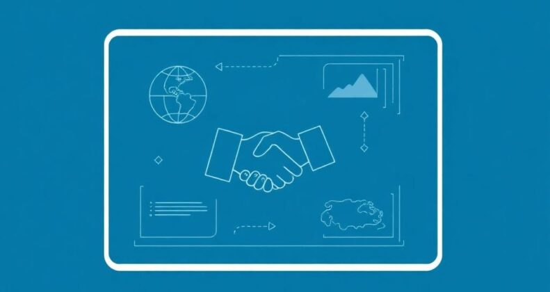 Minimalist flat illustration of a digital interface wireframe displayed on a tablet screen with geometric elements in de