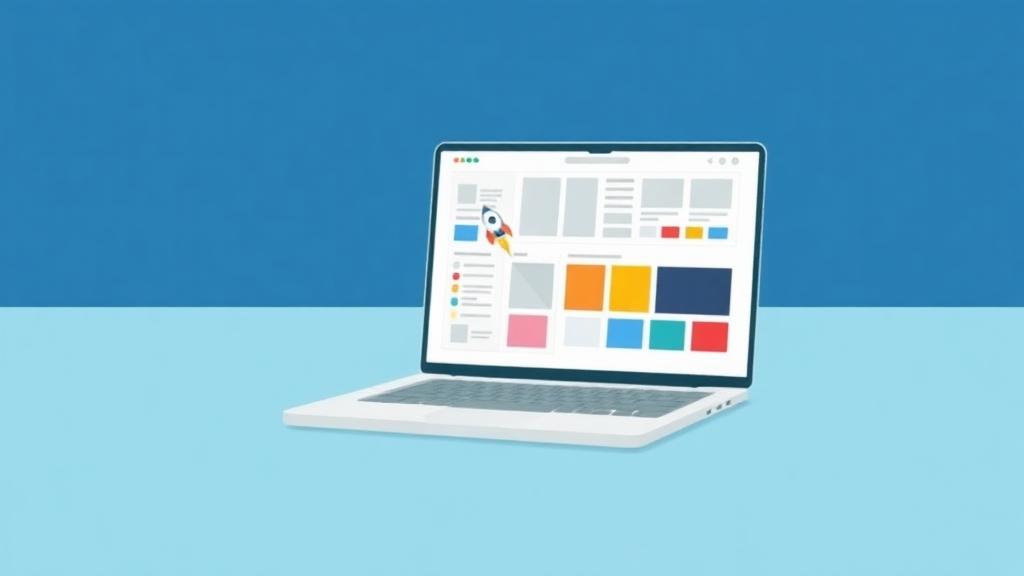 Laptop screen showing wireframe layouts and color swatches in deep blue, teal, and gray palette