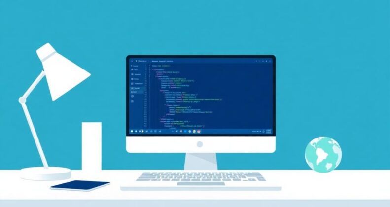 Clean desk workspace with laptop displaying code editor interface, representing web application development