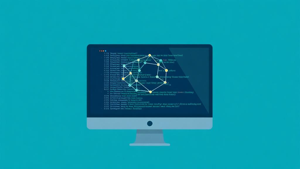 Computer monitor displaying interconnected geometric nodes and teal code representing web application development servic