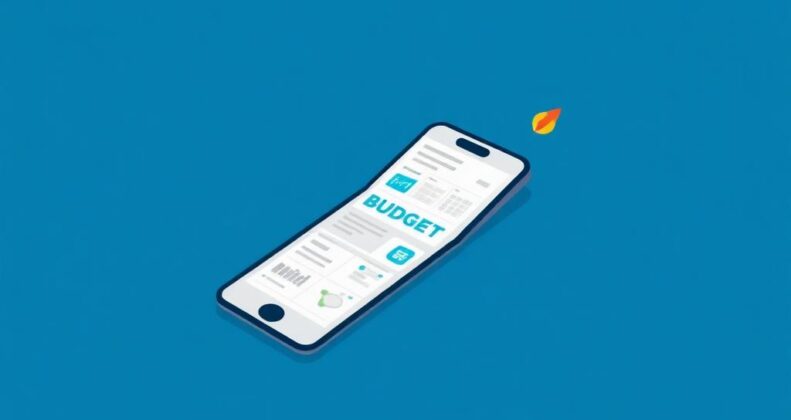 Smartphone displaying app wireframes and budget spreadsheet with geometric elements in deep blue and teal