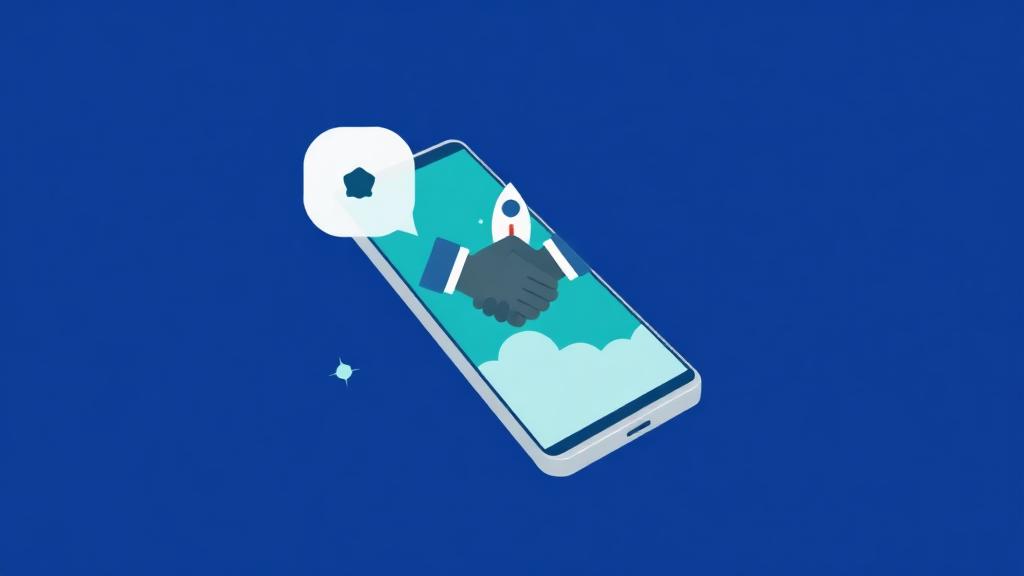 Smartphone screen displaying layered app interface with geometric elements in deep blue, teal, and gray tones representi