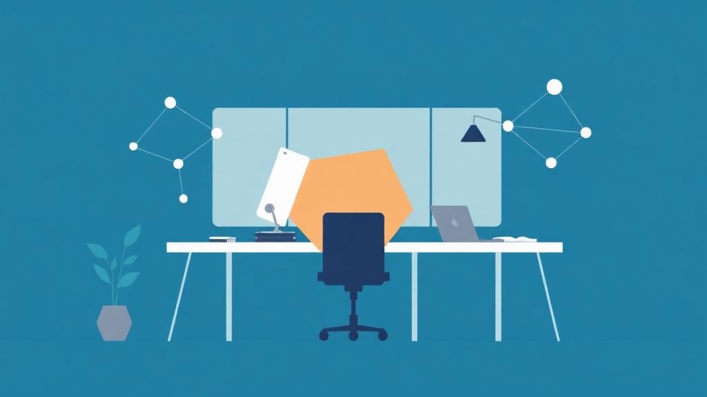 Minimalist tech workspace illustration with interconnected nodes and geometric shapes in deep blue, teal, and gray tones