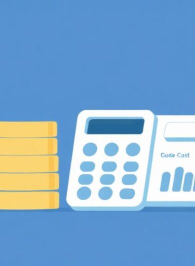 Flat illustration of a budget calculator with stacked coins and cost breakdown chart in deep blue and teal tones