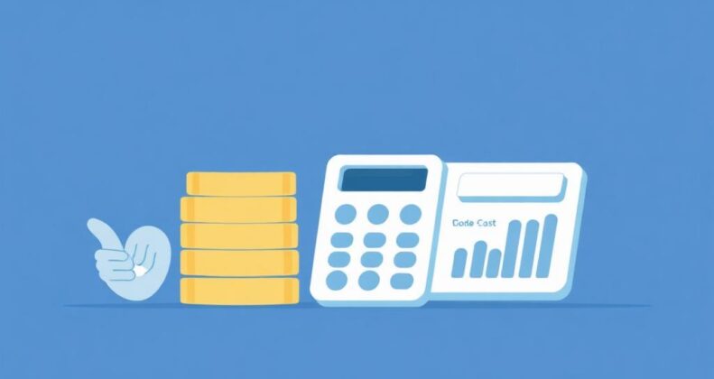 Flat illustration of a budget calculator with stacked coins and cost breakdown chart in deep blue and teal tones