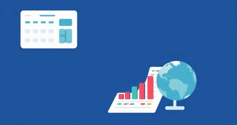Flat illustration of a budget spreadsheet with calculator and cost breakdown charts in deep blue and teal