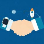 Connected IoT devices including smartwatch, sensor, and microcontroller illustrated in flat design with deep blue and te