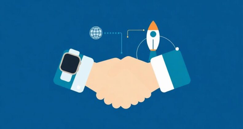 Connected IoT devices including smartwatch, sensor, and microcontroller illustrated in flat design with deep blue and te