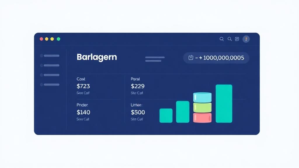 Professional flat illustration of an IoT budget breakdown dashboard with stacked cost categories in deep blue, teal, and