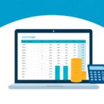 Laptop displaying budget spreadsheet with stacked coins and calculator on deep blue and teal background