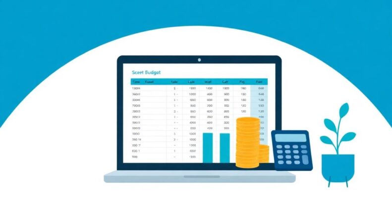 Laptop displaying budget spreadsheet with stacked coins and calculator on deep blue and teal background